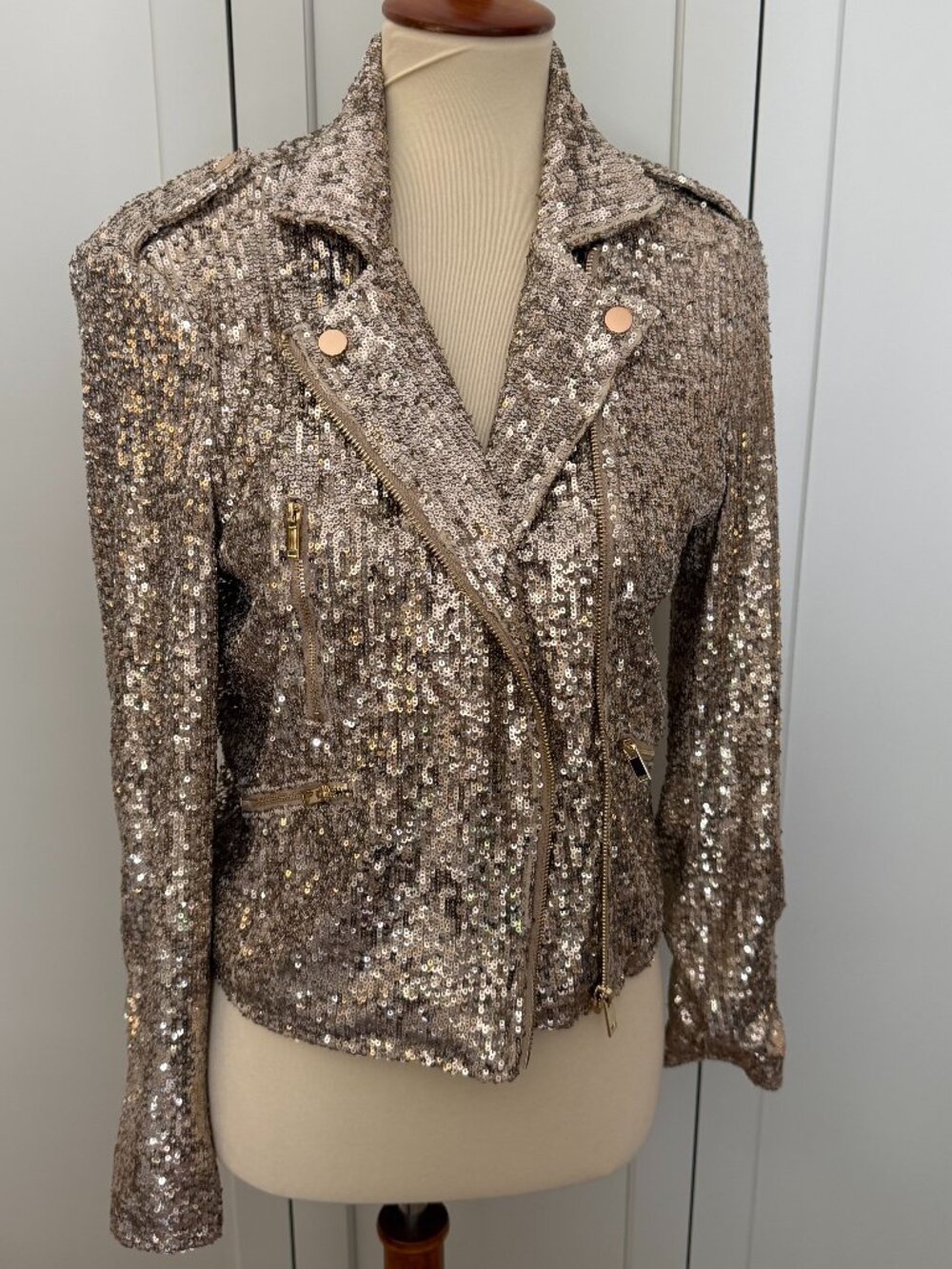 NWT Generation Love Whitney Gold Sequin Moto Jacket M